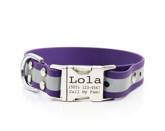 Collier pour chien personnalisé violet réfléchissant : biothane imperméable, boucle gravée