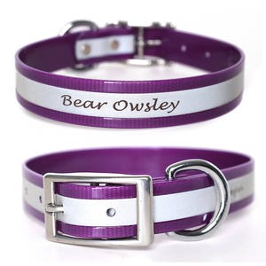Personalized Purple Shiny Reflective Collar | Biothane Dog Collar | Belt Buckle Collar | Personalized Collar | Big Dog Collar
