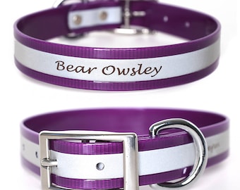 Personalized Purple Shiny Reflective Collar | Biothane Dog Collar | Belt Buckle Collar | Personalized Collar | Big Dog Collar