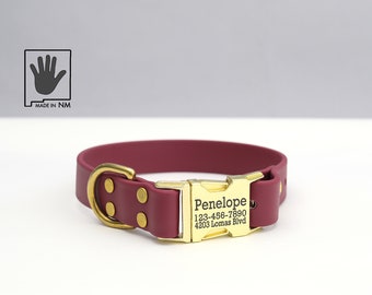 Wine Waterproof Side Release Dog Collar with Engraved Buckle: Stink Proof, Biothane, Easy Clean