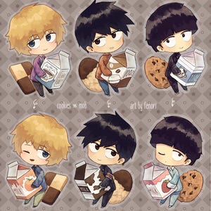 Puede incluir: Seis pegatinas de estilo chibi con dos personajes de cabello rubio y negro, cada uno sosteniendo varios cartones de leche y galletas. El texto 'cookies vs mob' y 'art by fenori' está impreso en el centro de la hoja de pegatinas.