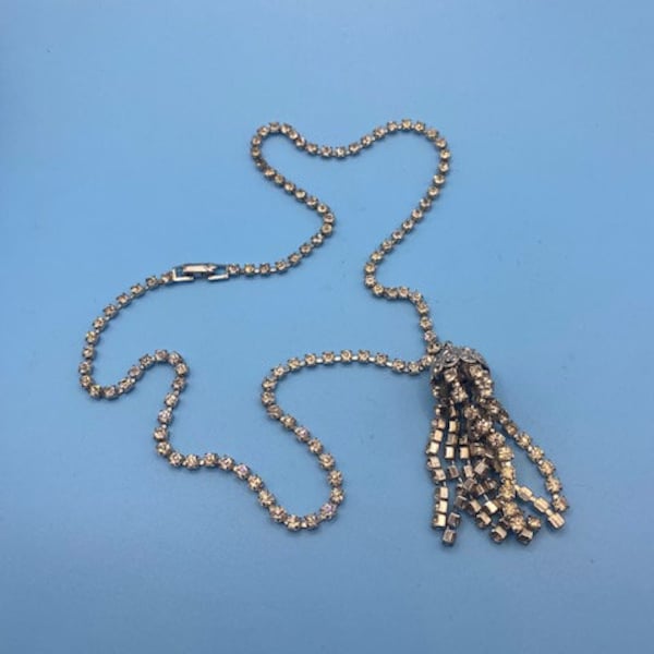 Vintage Signed Weiss Rhinestone Tassel Style Necklace
