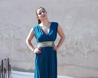 Greek Goddess Dress, Gold Foil Meander, Summer Midi Dress
