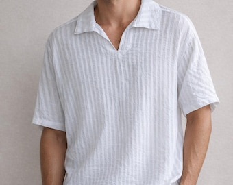 Camicia da uomo in cotone, camicia bianca in cotone a maniche corte, camicia prodotta in Grecia