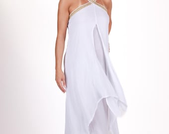 Maxikleid aus weißer Baumwolle im antiken griechischen Stil mit Meander-Details