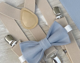 Dusty Blue Bow Tie & Champagne Tan Suspenders , Men's pocket square , Boy's Ring Bearer gift , Groomsmen Gift , Wedding Groom outfit