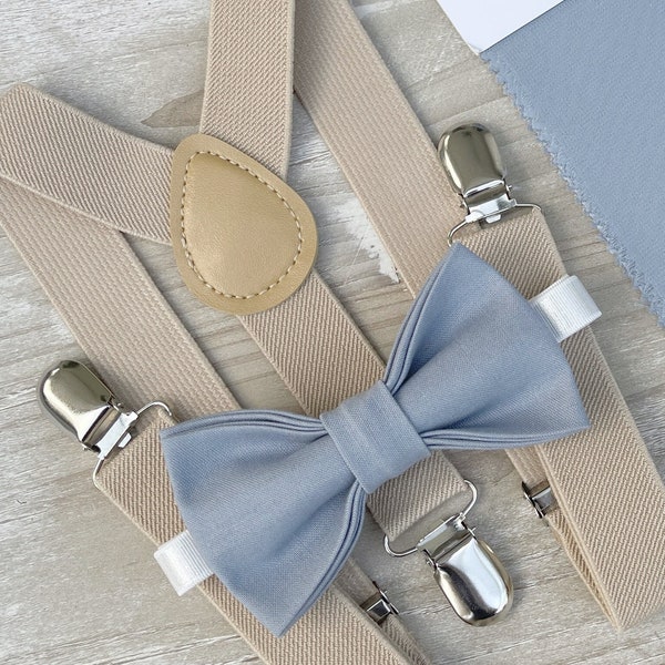 Dusty Blue Bow Tie & Champagne Tan Suspenders , Men's pocket square , Boy's Ring Bearer gift , Groomsmen Gift , Wedding Groom outfit