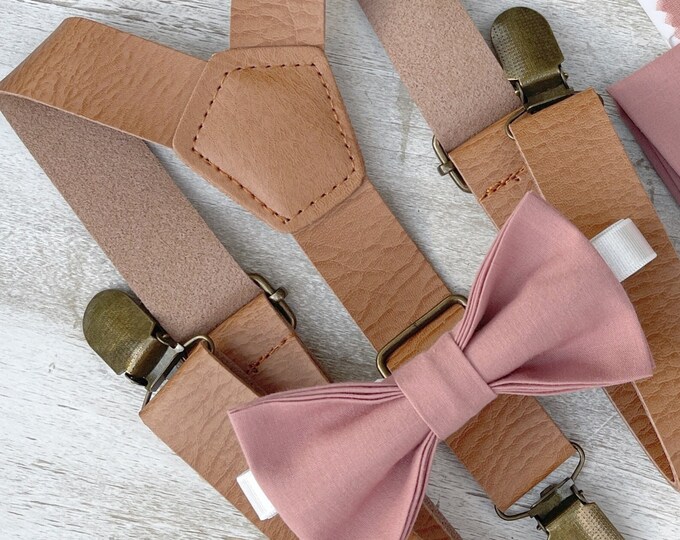 Desert Coral Bow Tie & Leather Suspenders , Light Brown braces , Men's pocket square , Boy's Ring Bearer gift , Groomsmen Wedding outfit