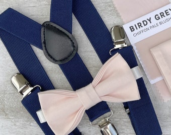 Blushing Pink Bow Tie & Navy Blue Suspenders , Men's pocket square , Boy's Ring Bearer gift , Groomsmen Gift , Wedding Groom outfit