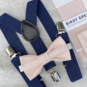 Blushing Pink Bow Tie & Navy Blue Suspenders , Men&#39;s pocket square , Boy&#39;s Ring Bearer gift , Groomsmen Gift , Wedding Groom outfit