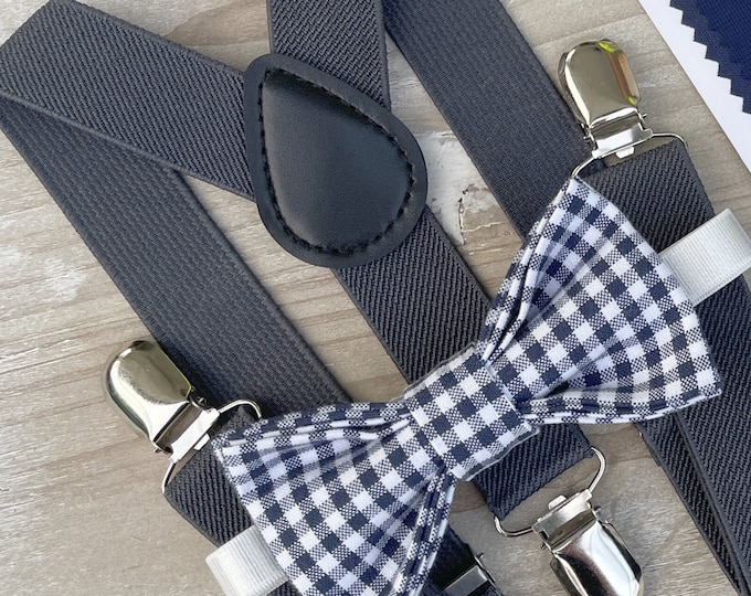 Navy Blue Plaid Bow Tie & Dark gray Suspenders , Men's braces , Boy's Ring Bearer gift , Groomsmen Wedding outfit , Gingham bow tie
