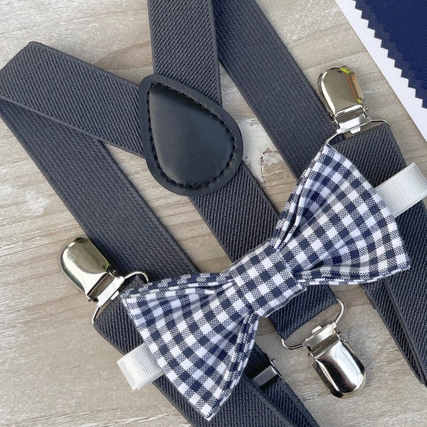 Navy Blue Plaid Bow Tie & Dark gray Suspenders , Men's braces , Boy's Ring Bearer gift , Groomsmen Wedding outfit , Gingham bow tie