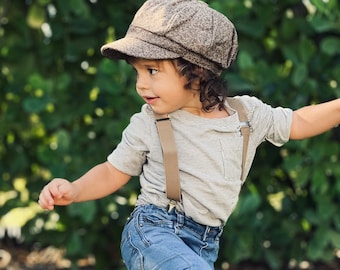 Newsboy Cap, Taupe Tweed Applejack Hat, Suspenders, Groomsman Gift, Ring Bearer Outfit, Cake Smash Outfit, Page Boy Wedding Set