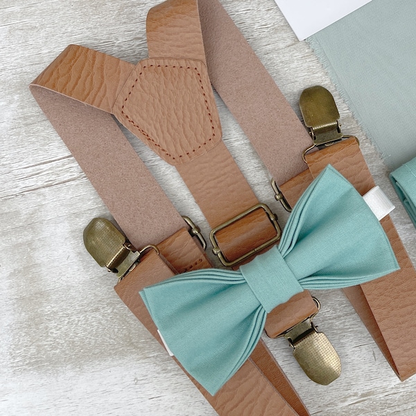 Seaglass Pale Green Bow Tie & Leather Suspenders , Men's pocket square , Boy's Ring Bearer gift , Groomsmen Gift , Wedding Groom outfit