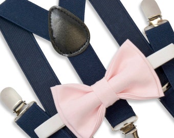 Light Pink Bow Tie & Navy Blue Suspenders , Men's pocket square , Boy's Ring Bearer gift , Groomsmen Wedding outfit , Marine Blue Braces