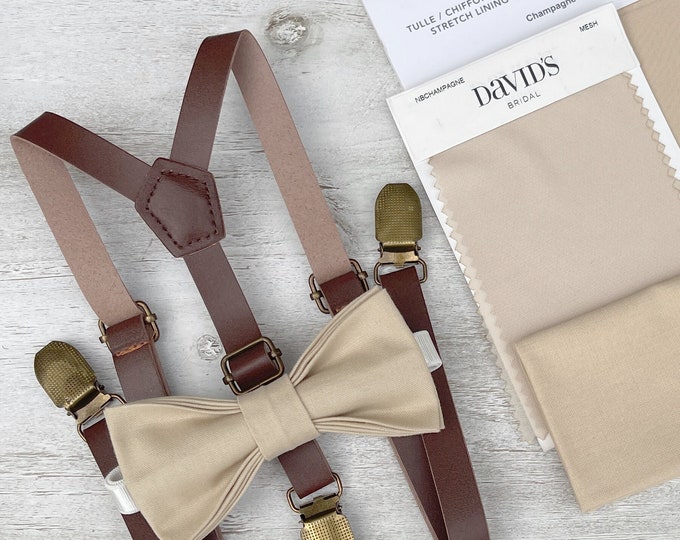 Champagne Tan Bow Tie & Leather Skinny Suspenders , Men's pocket square , Boy's Ring Bearer gift , Groomsmen Wedding outfit , brown braces