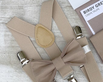 Light Taupe Bow Tie & Champagne Tan Suspenders , Men's pocket square , Boy's Ring Bearer gift , Groomsmen Gift , Wedding Groom outfit