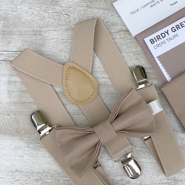 Light Taupe Bow Tie & Champagne Tan Suspenders , Men's pocket square , Boy's Ring Bearer gift , Groomsmen Gift , Wedding Groom outfit