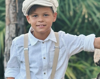 Newsboy Cap Outfit, Baby to 10 Years - Ring Bearer & Groomsman Wedding Set, Champagne Suspenders, Gatsby Flat Cap