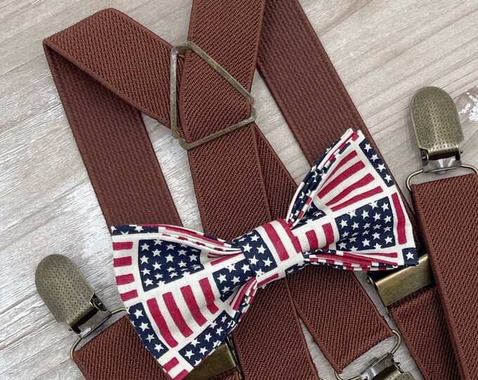 USA Flag Bow Tie & Brown Suspenders , Men's x- back braces , Boy's Independence day costume , Patriotic outfit , July 4th set