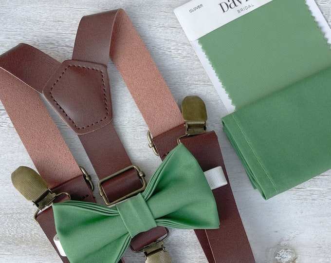 Clover Green Bow Tie & Leather Brown Suspenders , Men's pocket square , Boy's Ring Bearer gift , Groomsmen Wedding outfit