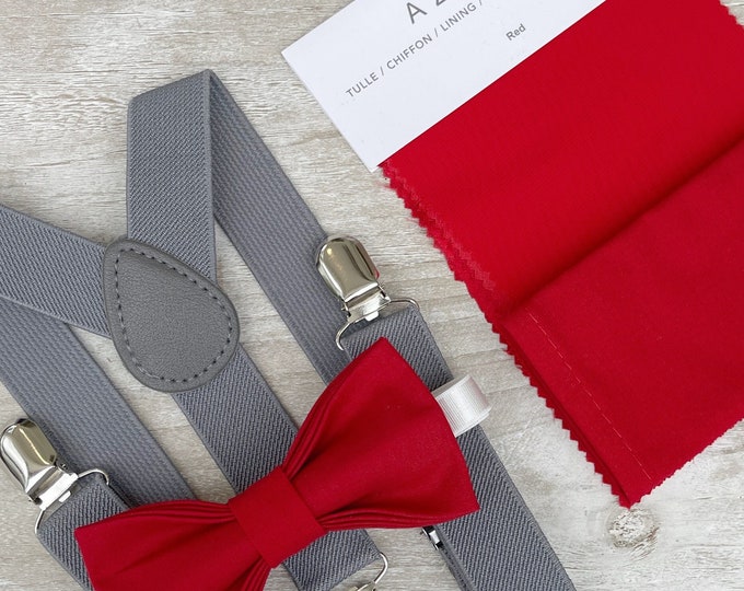 Apple Red Bow Tie & Gray Suspenders , Men's pocket square , Boy's Ring Bearer gift , Groomsmen Wedding outfit , Cake Smash outfit