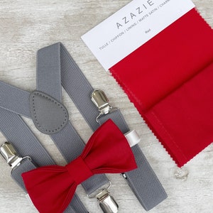 Apple Red Bow Tie & Gray Suspenders , Men&#39;s pocket square , Boy&#39;s Ring Bearer gift , Groomsmen Wedding outfit , Cake Smash outfit