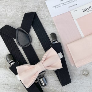Blushing Pink Bow Tie & Black Suspenders , Men&#39;s pocket square , Boy&#39;s Ring Bearer gift , Groomsmen Wedding outfit , Groom braces