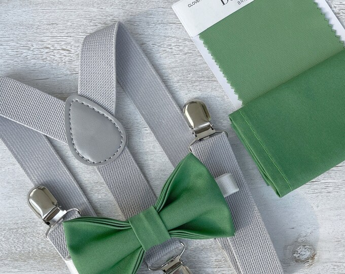 Clover Green Bow Tie & Light Gray Suspenders , Men's pocket square , Boy's Ring Bearer gift , Groomsmen Wedding outfit