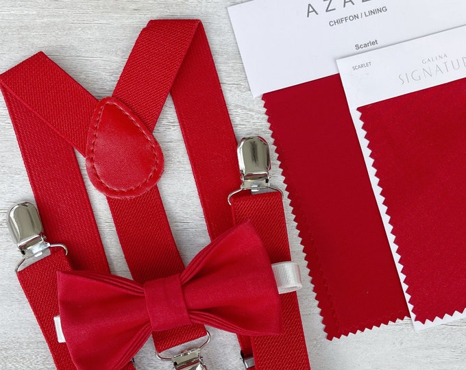 Scarlet Red Bow Tie & Bright Red Suspenders , Men's bow tie  , Boy's Ring Bearer gift , cake smash outfit , Groomsmen Groom Wedding outfit
