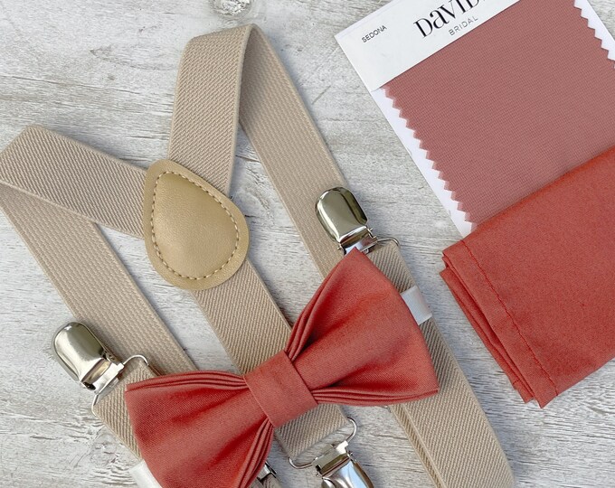 Sedona Bow Tie & Champagne Tan Suspenders , Men's pocket square , Boy's Ring Bearer gift , Groomsmen Wedding outfit , Groom braces