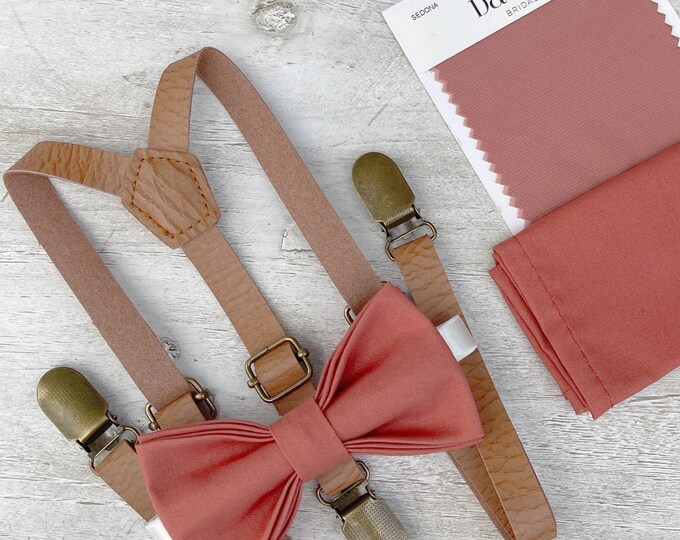 Sedona Bow Tie & Skinny Leather Suspenders , Men's pocket square , Boy's Ring Bearer gift , Groomsmen Wedding outfit , Light Brown braces