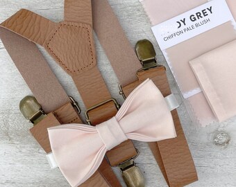 Blushing Pink Bow Tie & Leather Light Brown Suspenders , Men's pocket square , Boy's Ring Bearer gift , Groomsmen Wedding outfit