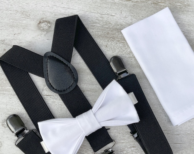 White Bow Tie & Black Suspenders , Men's pocket square , Boy's Ring Bearer gift , Groomsmen Gift , Wedding Groom outfit