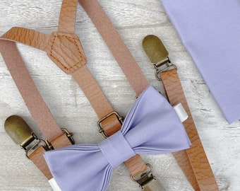 Lavender Bow Tie & Skinny Leather Suspenders , Men's pocket square , Boy's Ring Bearer gift , Groomsmen Wedding outfit , light brown braces