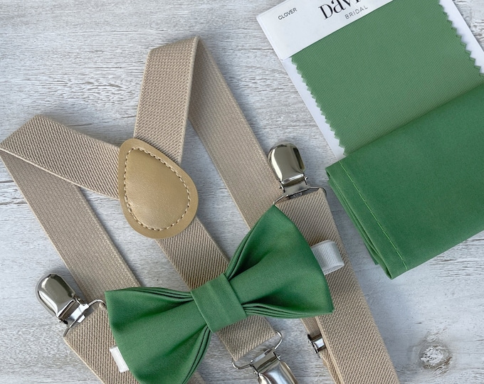 Clover Green Bow Tie & Champagne Tan Suspenders , Men's pocket square , Boy's Ring Bearer gift , Groomsmen Wedding outfit