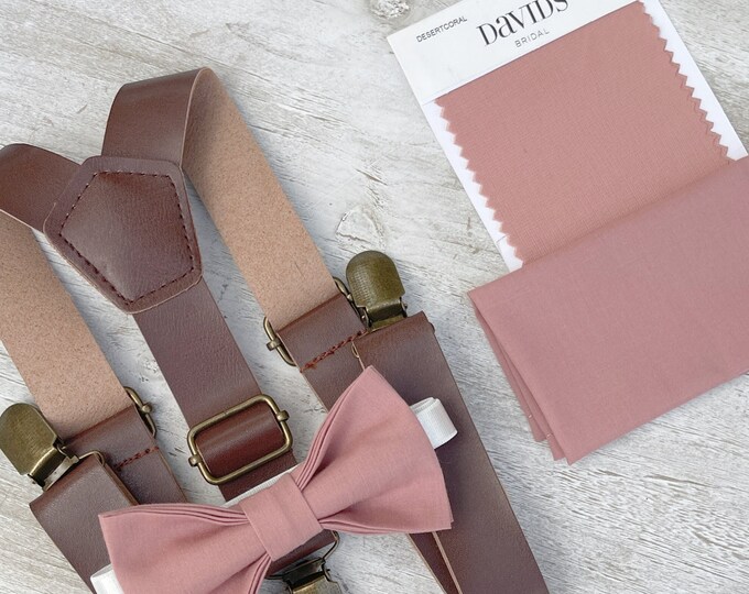 Desert Coral Bow Tie & Leather Suspenders , Brown braces , Men's pocket square  , Boy's Ring Bearer gift , Groomsmen Wedding outfit