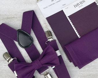 Plum Purple Bow Tie & Suspenders , Men's pocket square , Boy's Ring Bearer Toddler gift , Groomsmen Gift , Wedding Groom outfit