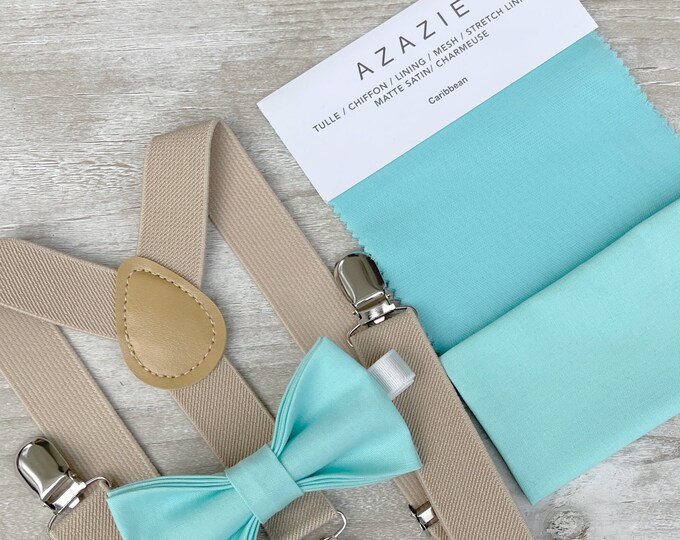Aqua Blue Bow Tie & Champagne Tan Khaki Suspenders , Men's pocket square , Boy's Ring Bearer gift , Groomsmen Wedding outfit