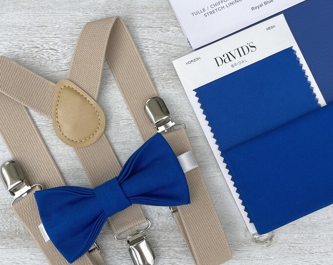 Royal Blue Bow Tie & Champagne Tan Suspenders , Men's pocket square , Boy's Ring Bearer gift , Groomsmen outfit  , Wedding Groom set