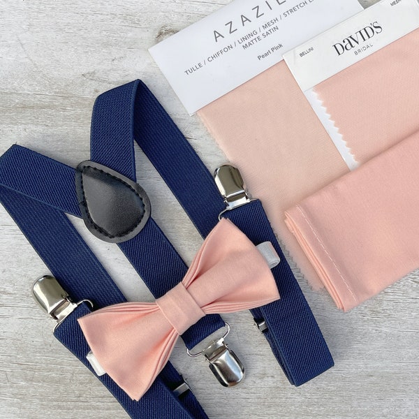 Bellini Peach Bow Tie & Navy Blue Suspenders , Men's pocket square , Boy's Ring Bearer gift , Groomsmen Gift , Wedding Groom outfit