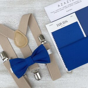 Royal Blue Bow Tie & Champagne Tan Suspenders , Men&#39;s pocket square , Boy&#39;s Ring Bearer gift , Groomsmen outfit  , Wedding Groom set