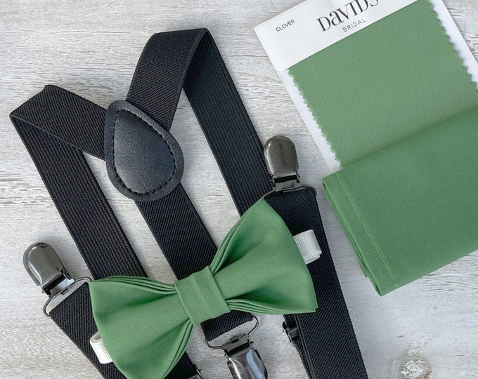 Clover Green Bow Tie & Black Suspenders , Men's pocket square , Boy's Ring Bearer gift , Groomsmen Wedding outfit