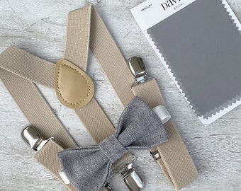 Gray Linen Bow Tie & Champagne Tan Suspenders , Men's rustic bow tie , Boy's Ring Bearer gift , Groomsmen outfit  , Wedding Groom set