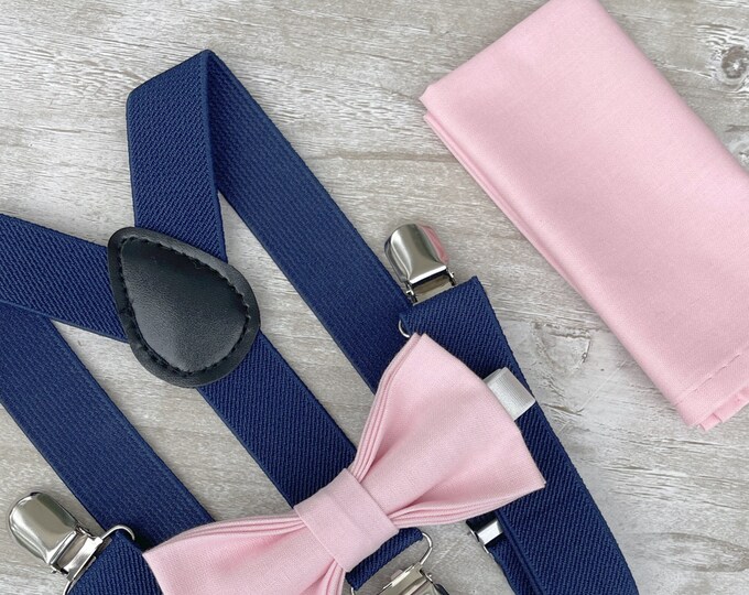 Baby Pink Bow Tie & Navy Blue Suspenders , Marine Braces , Men's pocket square , Boy's Ring Bearer gift , Groomsmen Wedding outfit