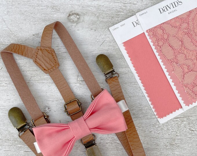 Parfait Coral Bow Tie & Leather Skinny Suspenders , Men's Light brown Braces , Boy's Ring Bearer gift , Groomsmen Wedding set
