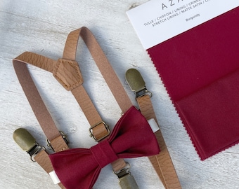 Burgundy Red Bow Tie & Leather Skinny Suspenders , Light Brown Braces , Men's pocket square , Boy's Ring Bearer gift , Groomsmen Wedding set