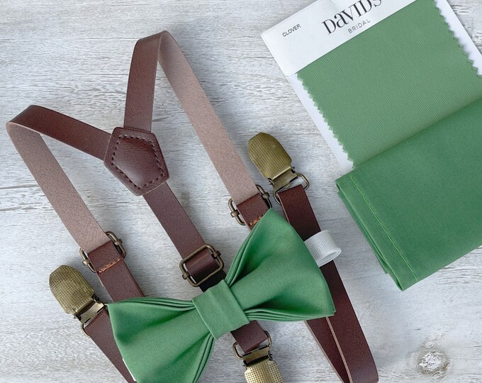 Clover Green Bow Tie & Skinny Leather Suspenders , Men's pocket square , Boy's Ring Bearer gift , Groomsmen Wedding outfit