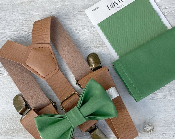 Clover Green Bow Tie & Leather Light brown Suspenders , Men's pocket square , Boy's Ring Bearer gift , Groomsmen Wedding outfit