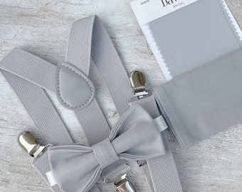 Mystic Gray Bow Tie & Light Gray Suspenders , Men's pocket square , Boy's Ring Bearer gift , Groomsmen Gift , Wedding Groom outfit